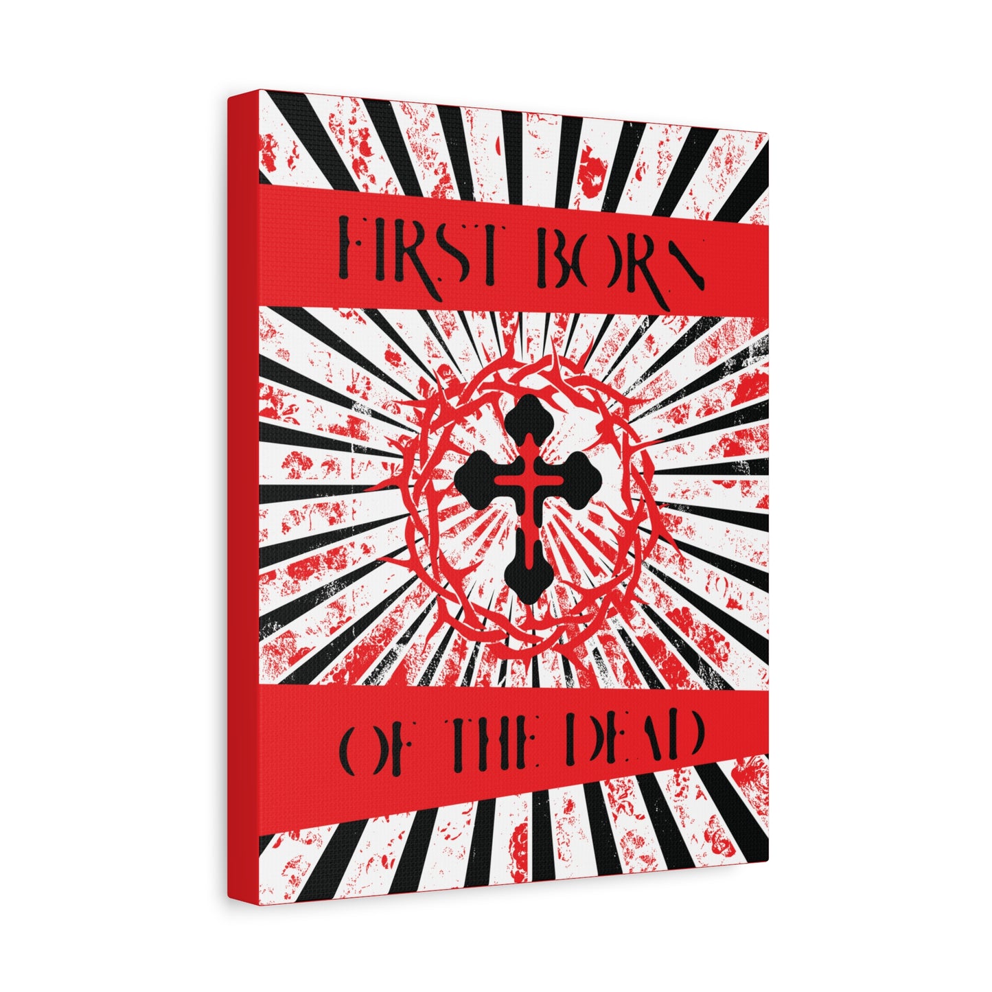 First Born of the Dead | Orthodox Cross and Crown of Thorns | Red White and Black Textured Design with Rays | Orthodox Christian Canvas Art