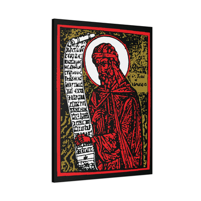 St. John of Damascus Icono-Graphic: Orthodox Christian saint depicted in red, gold, and black high-contrast design with a halo and scroll; unique canvas art for inspiring Christian decor.