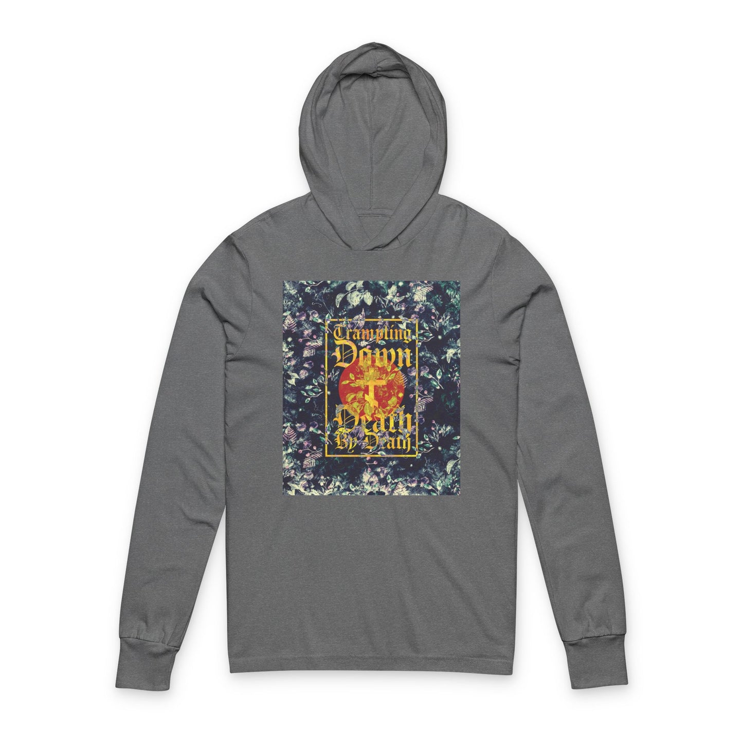 Trampling Down Death By Death | Paschal Floral Design with Gothic Script and Three-Bar Cross | Orthodox Long Sleeve Hooded Shirt