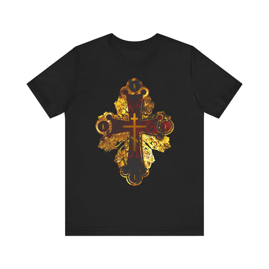 Ornate Metallic Style Orthodox NIKA Cross | Red and Gold Texture | Orthodox Christian Lightweight Cotton Unisex T-Shirt