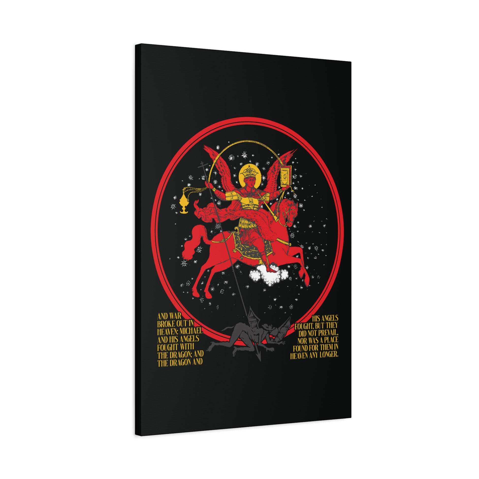 The "Archangel Michael of the Apocalypse Icono-Graphic" canvas art shows Michael in red armor with a sword, riding a red horse and defeating a black dragon, inspired by Revelation 12:7-9's War in Heaven.