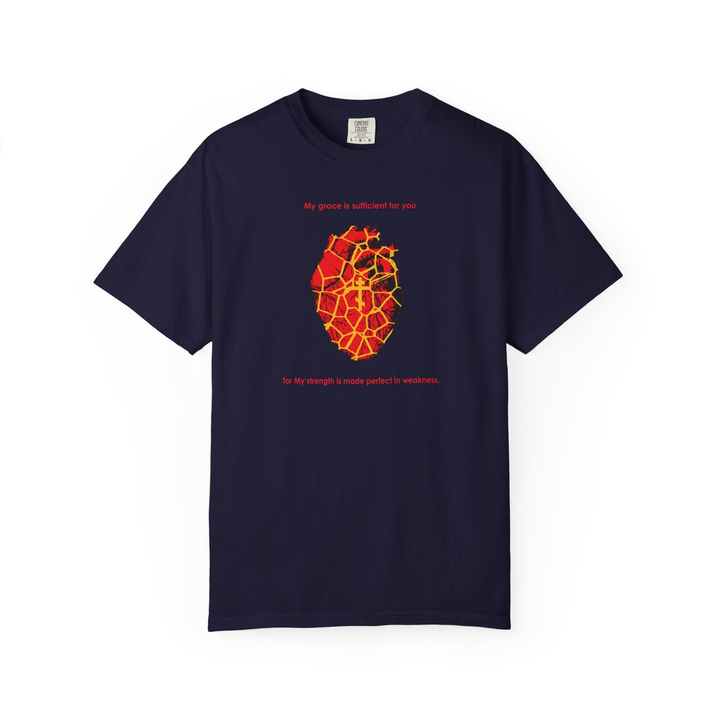 True navy heavyweight cotton unisex tee featuring a Kintsugi-style golden broken heart with an Orthodox cross, and the inspirational text "My Strength is Made Perfect in Weakness (2 Cor 12:9)" above and below the heart, celebrating grace and healing for a broken spirit.
