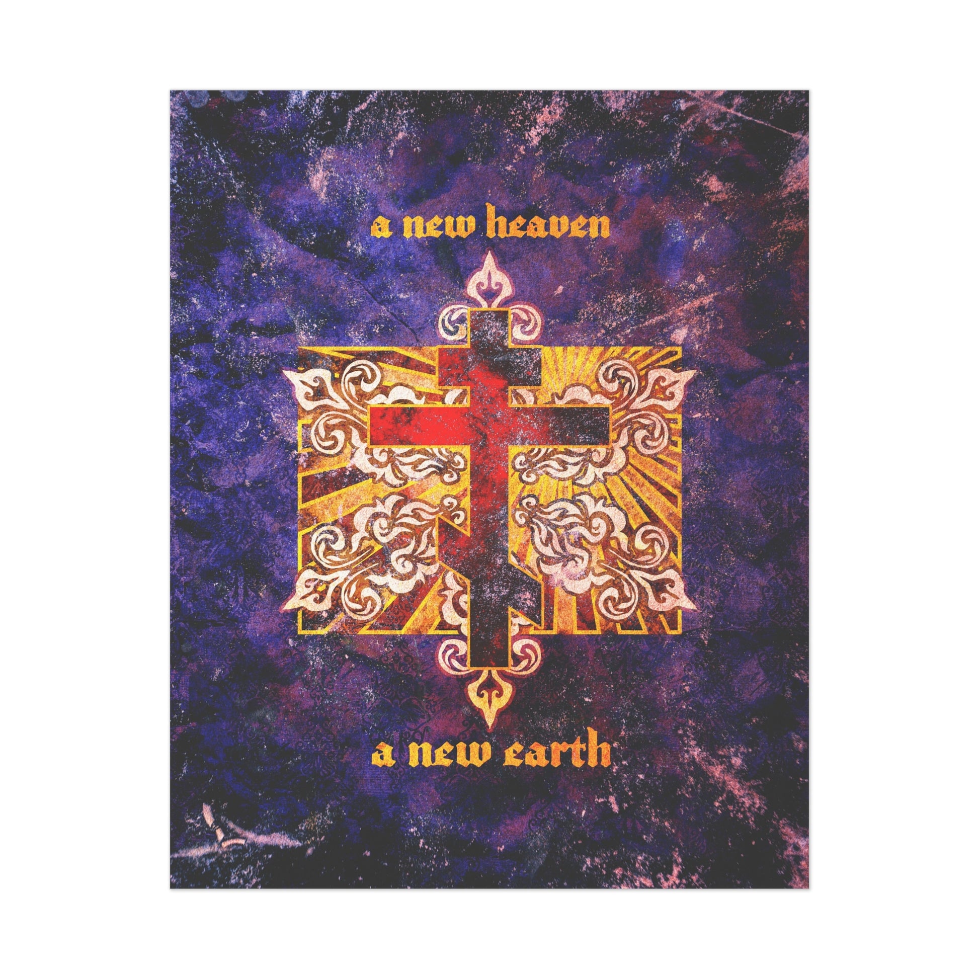 Red Orthodox cross on a textured ornate background, inspired by KJV Bible verses about New Jerusalem. Features the text “a new heaven” and “a new earth.” Orthodox Christian art poster.