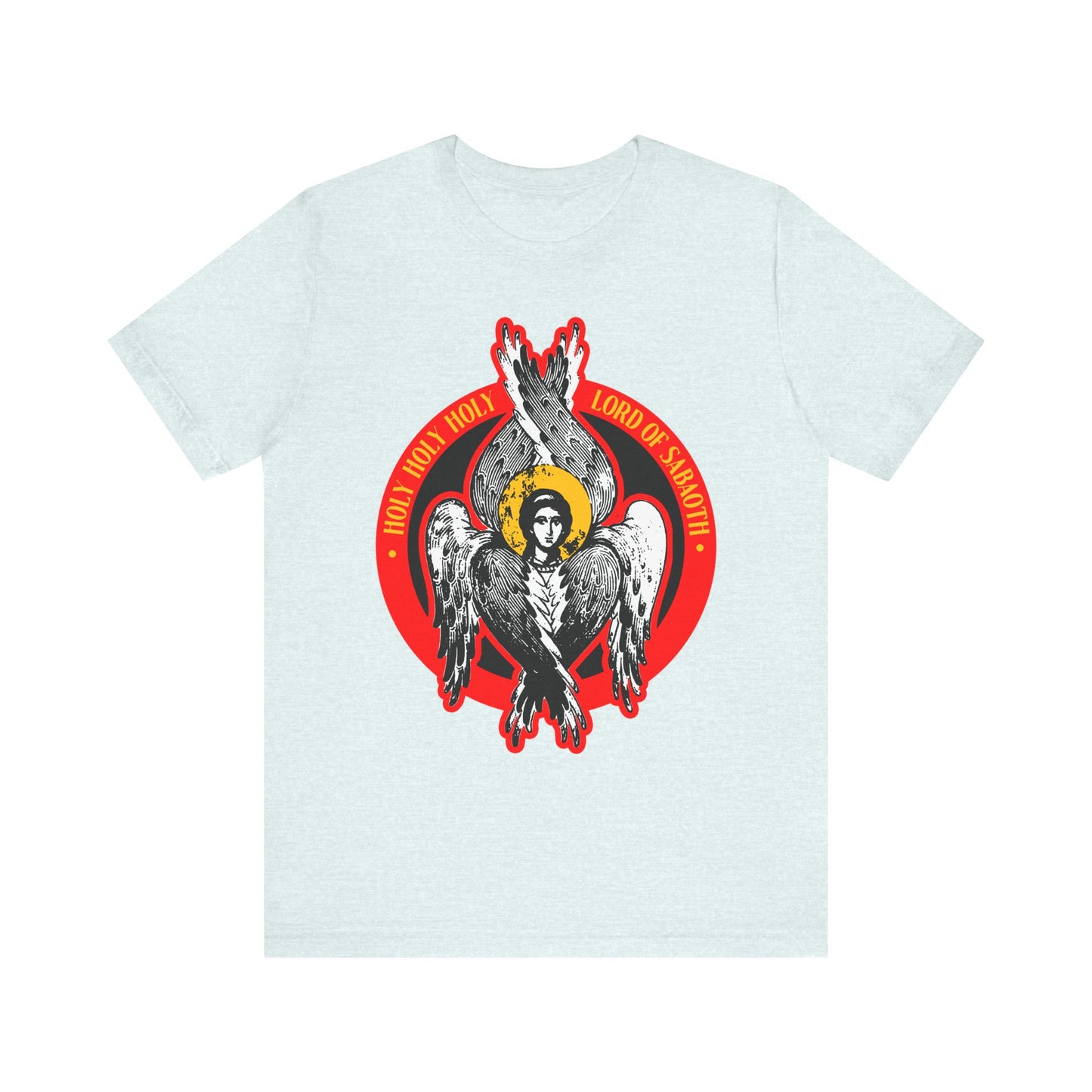 Heather Ice Blue unisex tee featuring a seraphim angel graphic and "Holy, Holy, Holy, Lord of Hosts!" from Isaiah 6 in vivid red and yellow text. Lightweight cotton for comfort.