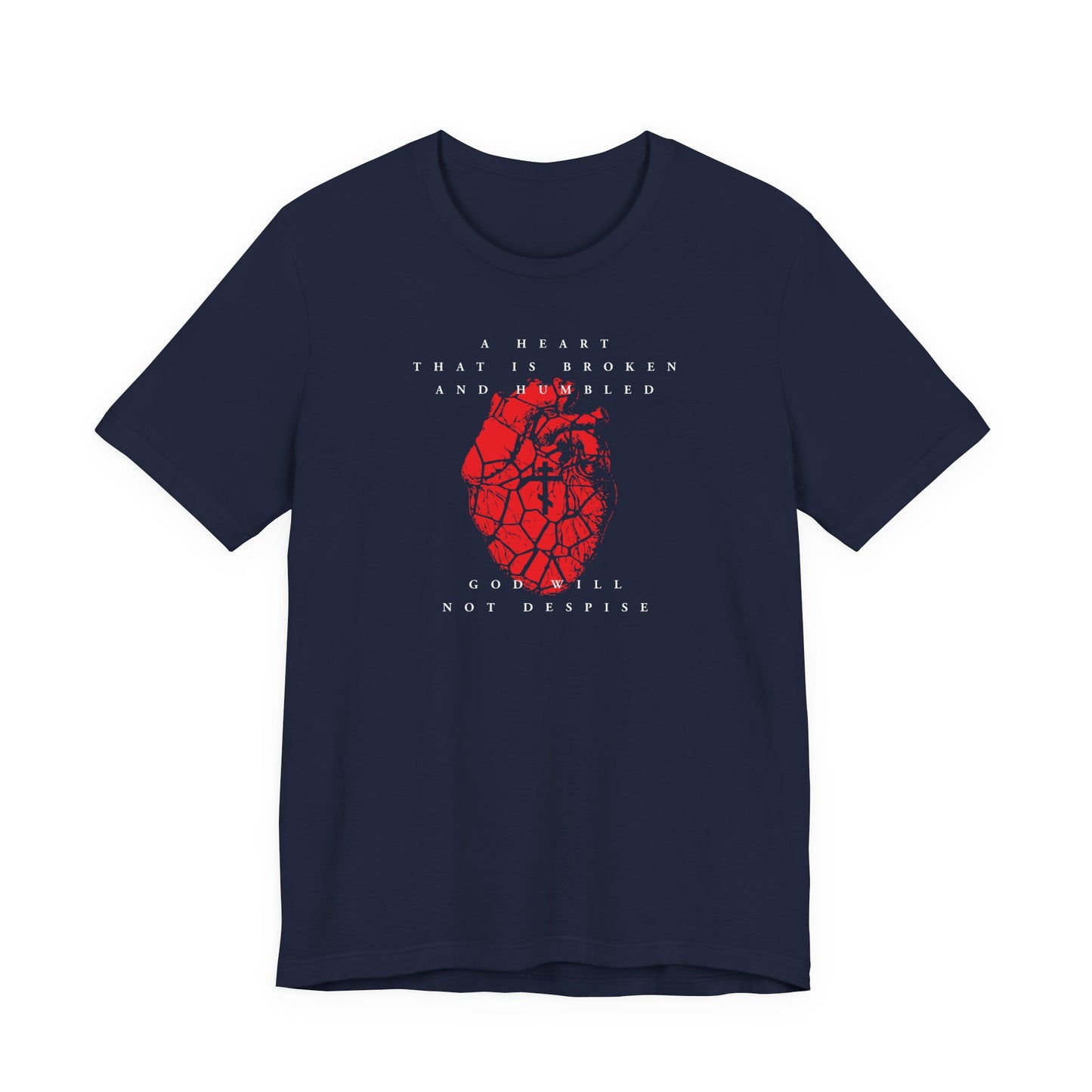 Navy unisex cotton t-shirt featuring a cracked heart with Orthodox cross and “A Heart That is Broken and Humbled God Will Not Despise.” Inspired by repentance and Psalm 50.