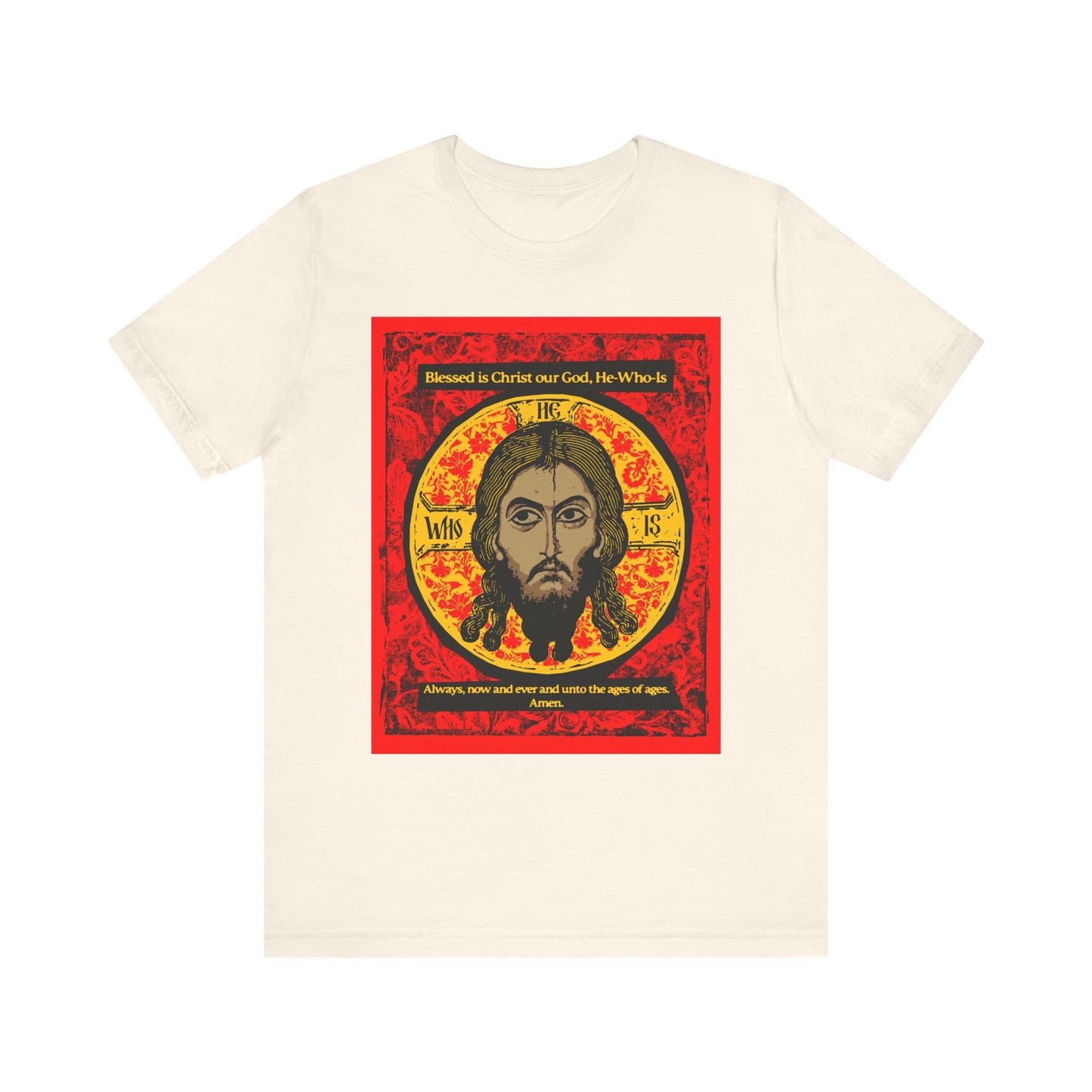 Natural cotton unisex tee, “Made Without Hands,” features a graphic of Jesus Christ inspired by the Mandylion Orthodox icon with stylized red and gold background and English text, celebrating traditional hymn and Troparion veneration.