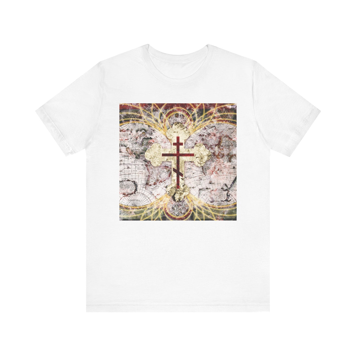 White unisex tee featuring a red Orthodox cross on an antique map with glowing magnetic lines—symbolizing the Conqueror of Death, inspired by Revelation 1:18. Lightweight cotton.
