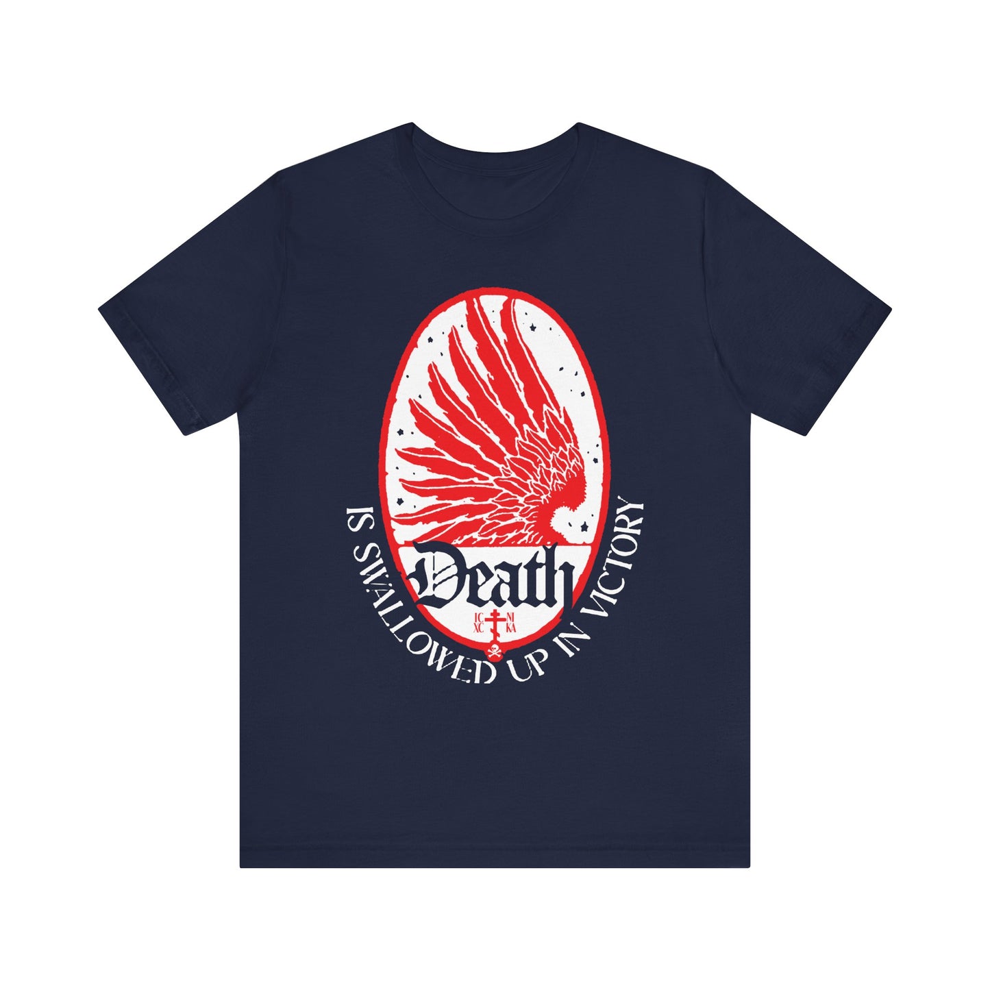 Navy Orthodox Christian unisex tee featuring Art Nouveau eagle wing & stars design with "Death is Swallowed Up In Victory" (1 Cor 15:54), symbolizing immortality and freedom from the fear of death.