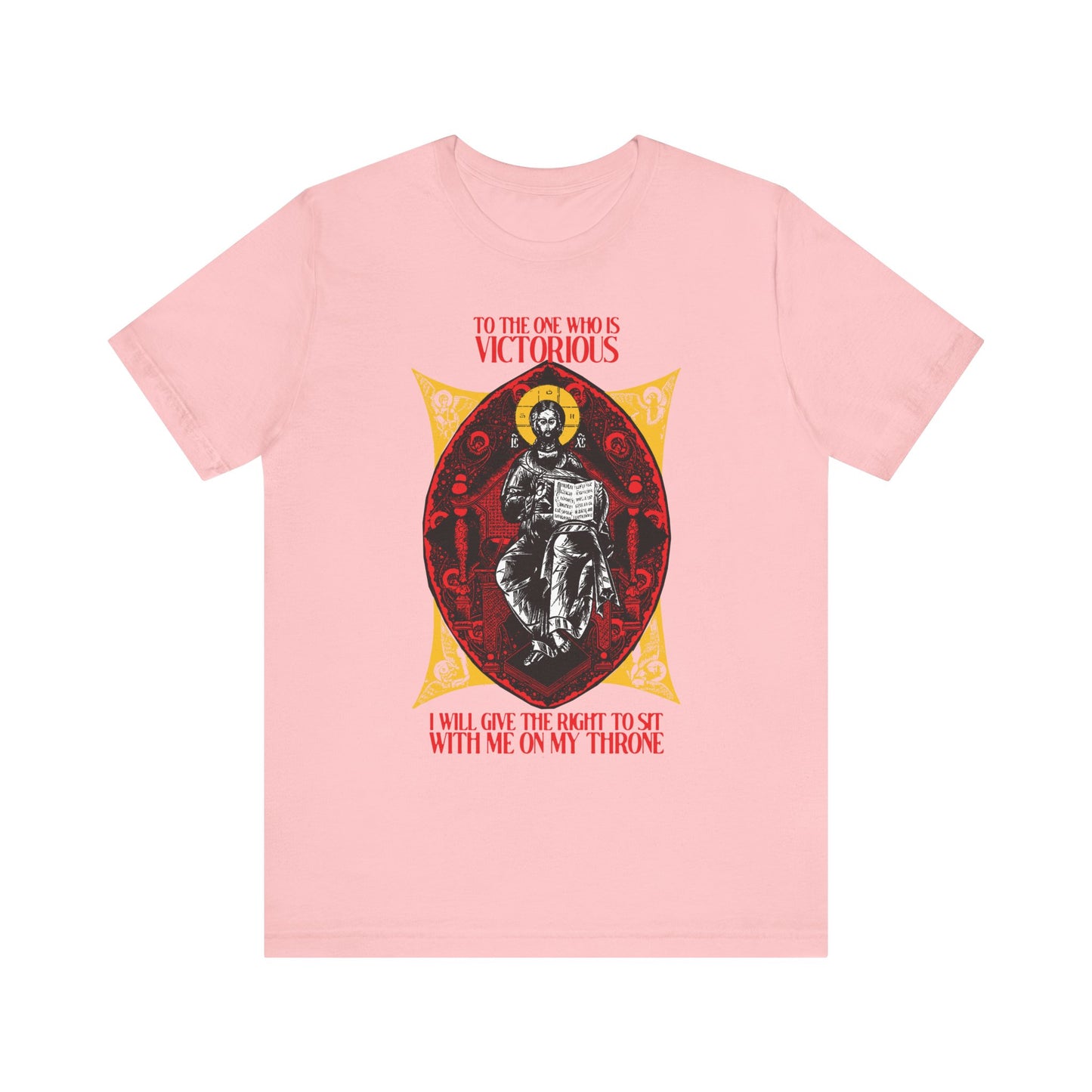 Pink "Christ is King, Enthroned In Glory" tee featuring a vintage iconographic design and Revelation 3:21 text, celebrating the promise to reign with Christ. Orthodox Christian lightweight cotton unisex shirt.