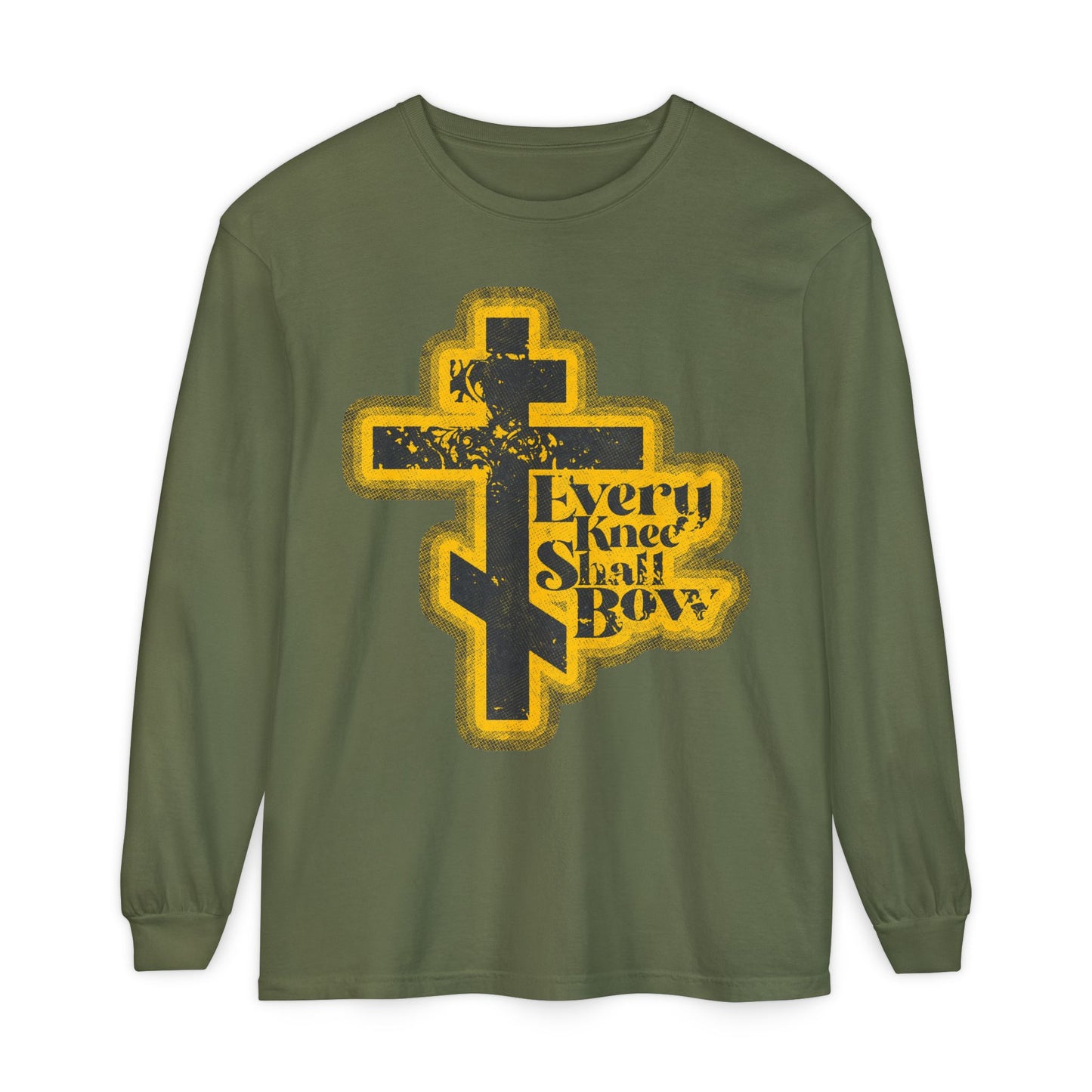 Hemp long-sleeve "Every Knee Shall Bow" shirt with a 70s distressed halftone comic book design, inspired by Philippians 2:10-11 and Isaiah 45:23—declaring Jesus Christ is Lord. Orthodox Christian apparel.