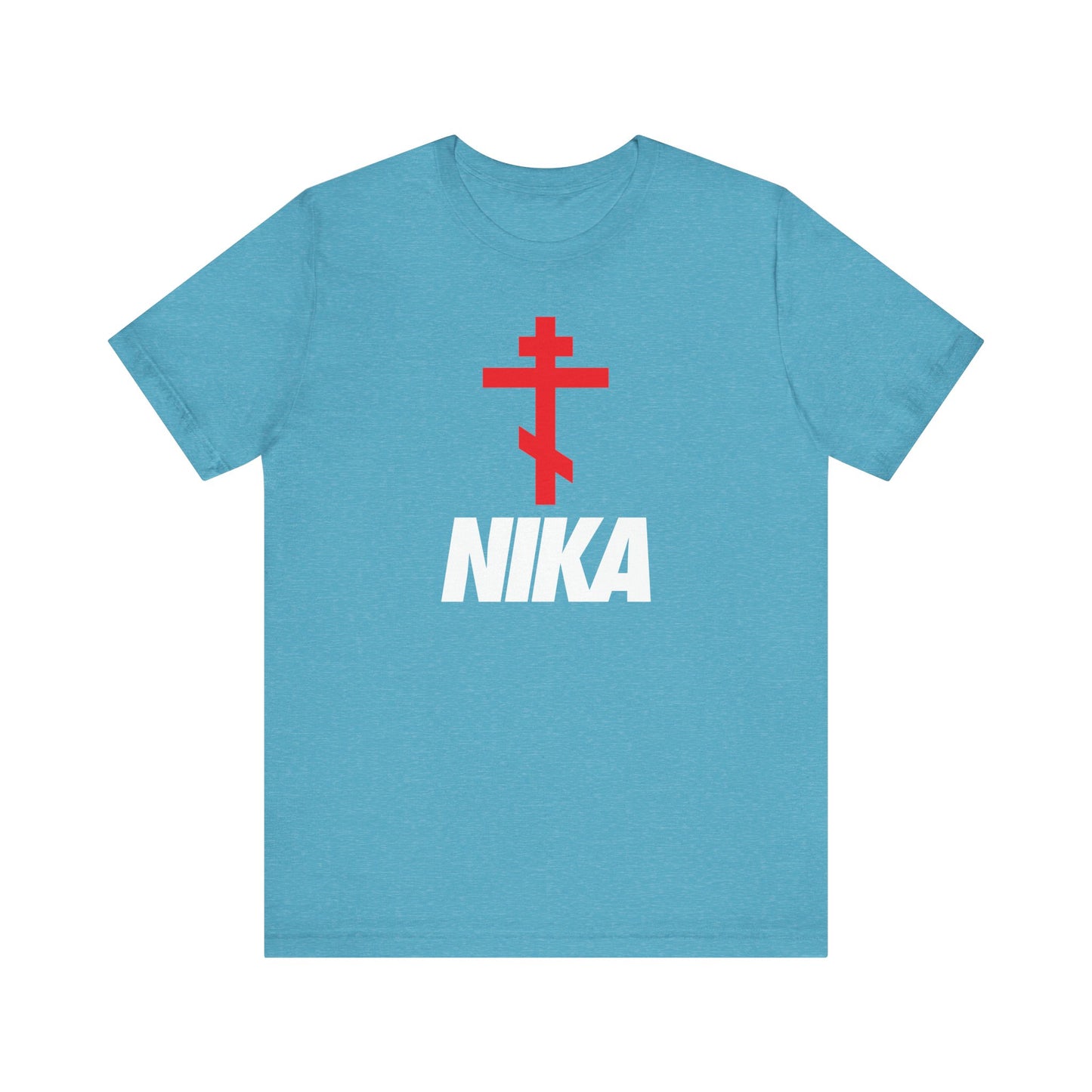Heather Aqua unisex tee with minimalist Orthodox cross and bold NIKA text in a Nike-inspired mashup, featuring the Christogram "IC XC NIKA"—symbolizing "Jesus Christ Conquers." Lightweight cotton, athletic ascetic Christian fashion.