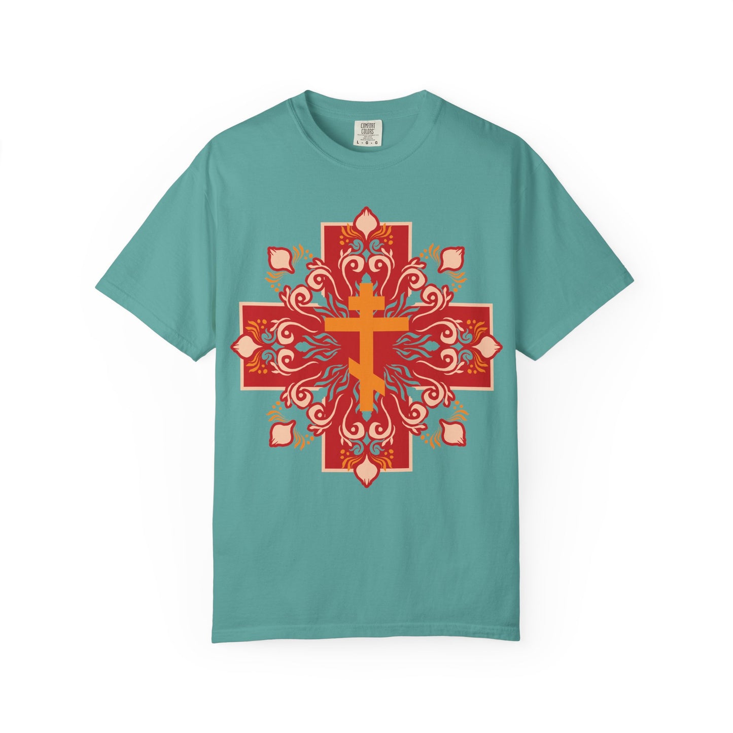 Orange & Red Orthodox Cross Colorful Festive Design | By His Wounds You Have Been Healed (1 Peter 2:24) | Orthodox Heavyweight Cotton Unisex Tee