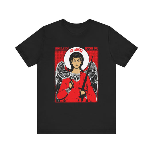 Black Orthodox cotton tee featuring a guardian angel with cross & sword iconographic design and “Behold I Send an Angel Before You” (Ex 23:20) text, inspired by the idea of divine protection. Unisex, lightweight.