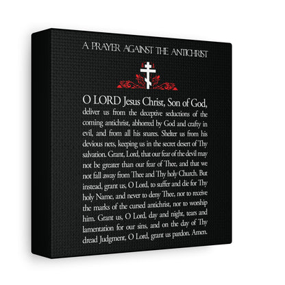 A black square plaque featuring the Prayer Against the Antichrist by Elder Anatoly the Younger of Optina, with a white cross and red accents. Perfect Orthodox Christian wall art for daily devotion. Christ is King, inspired by the Book of Revelation.