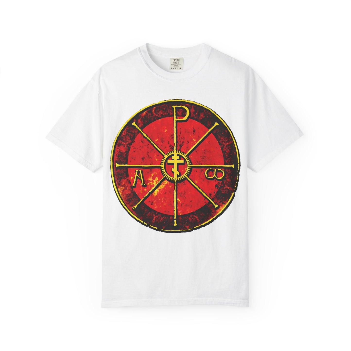 White heavyweight cotton t-shirt featuring the Alpha & Omega Chi Rho Orthodox Cross, an ancient Christogram with Greek letters and "In This Sign Ye Shall Conquer" design, inspired by the Cathedral of Milan.