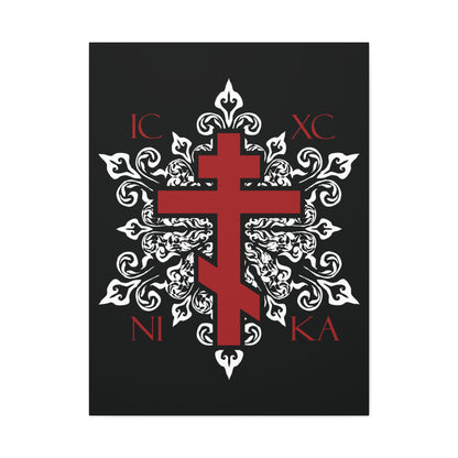 ICXC / NIKA Red Orthodox Cross on Ornate White Medieval Floral Design | Exclusive Best-Selling | Orthodox Christian Canvas Art