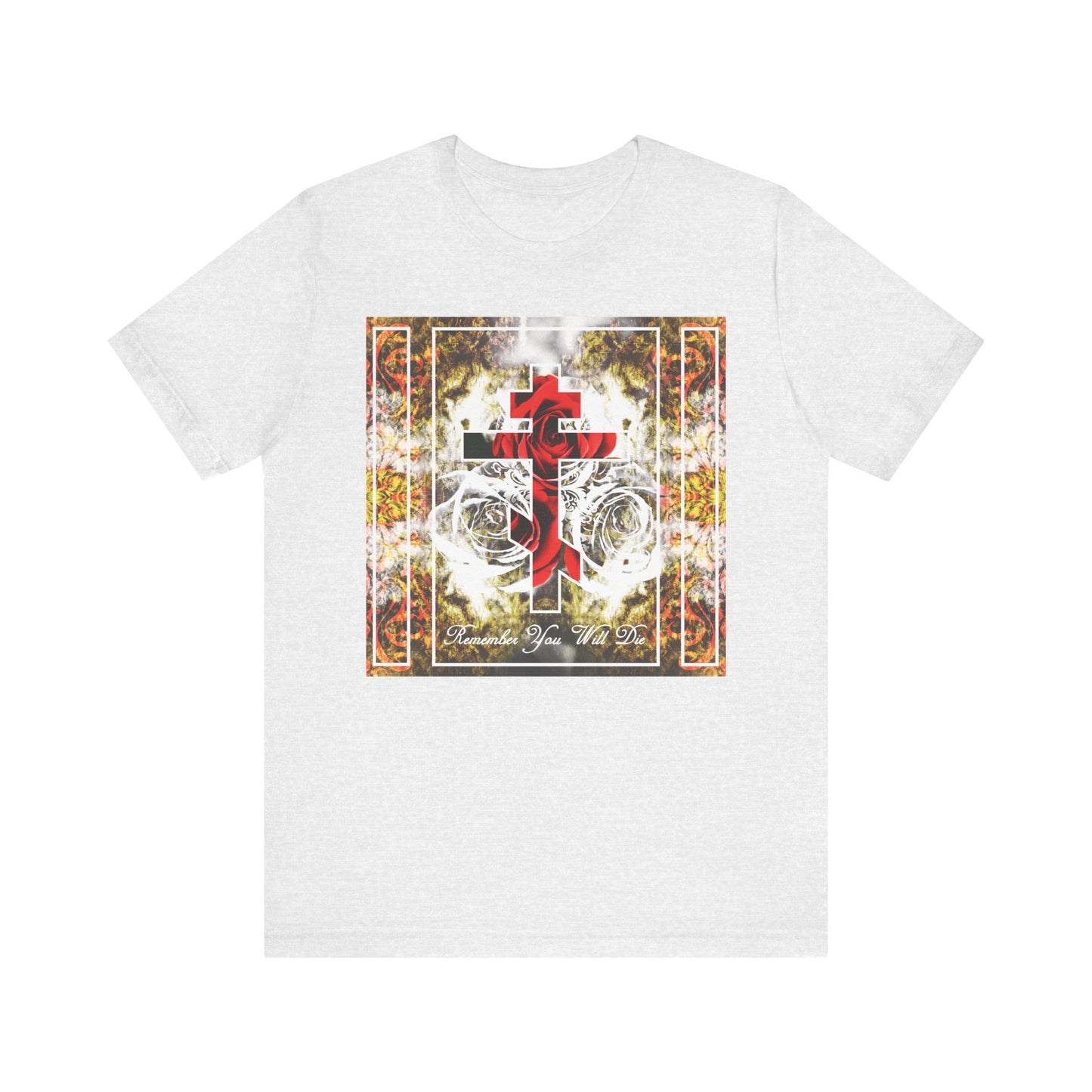 Introducing the "Remember You Will Die Elegant Font" unisex tee in Ash—a lightweight cotton jersey shirt featuring an ornate Orthodox cross with roses and floral textures, accompanied by graceful "Memento Mori" script. Crafted for comfort and durability, this classic short sleeve design makes a stylish and versatile choice for any wardrobe.