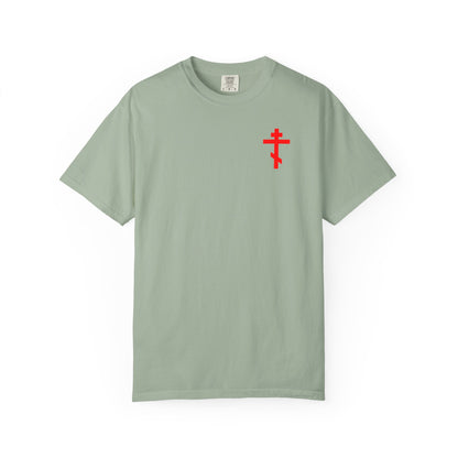 Bay-colored "Always Live In Remembrance of Death" heavyweight cotton unisex tee, featuring a small red Orthodox cross on the front left breast and inspired by St John Climacus’s teachings.