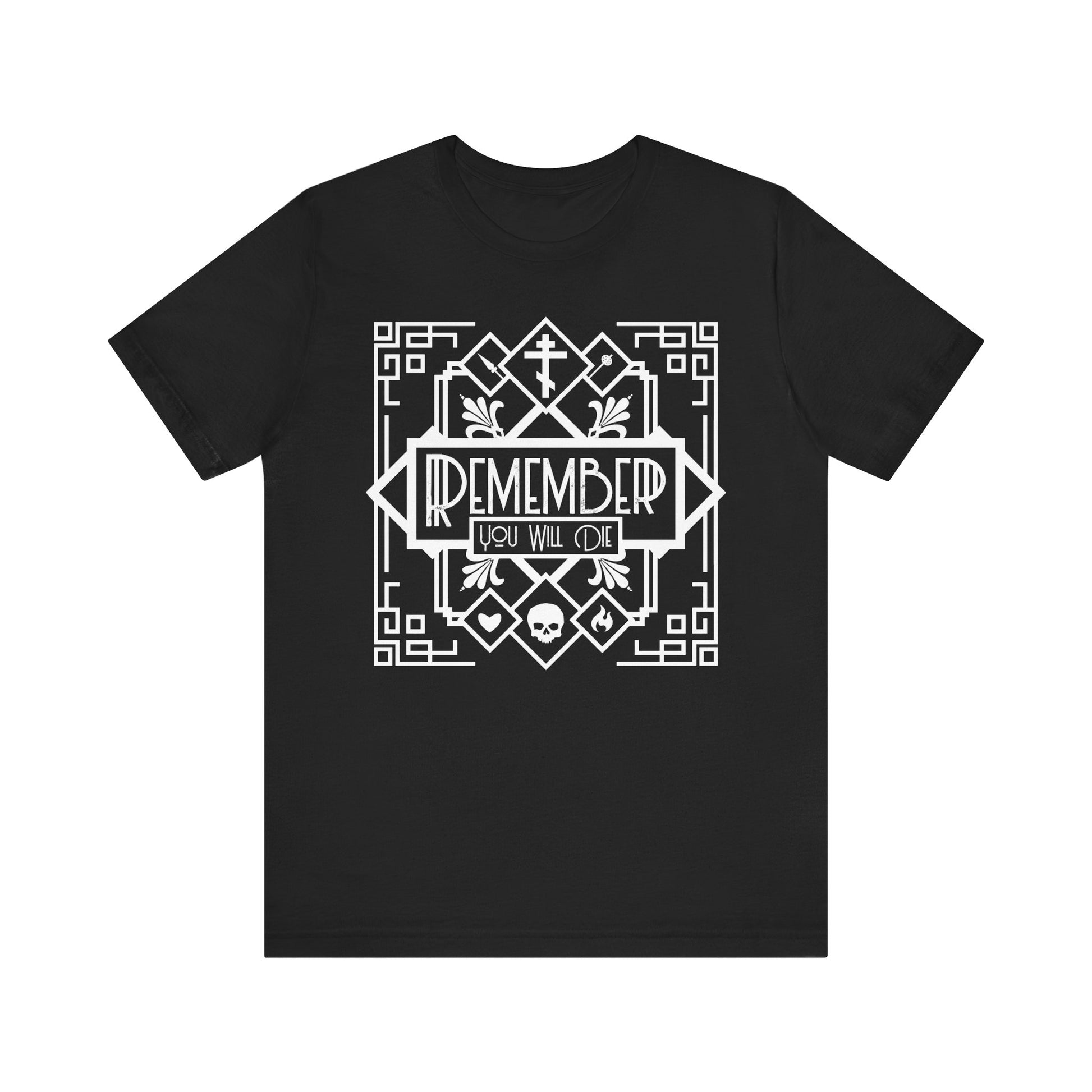 Black “Remember You Will Die Art Deco” unisex t-shirt features white line art with skull, heart, and fire motifs—Memento Mori inspired. Lightweight cotton design in black.