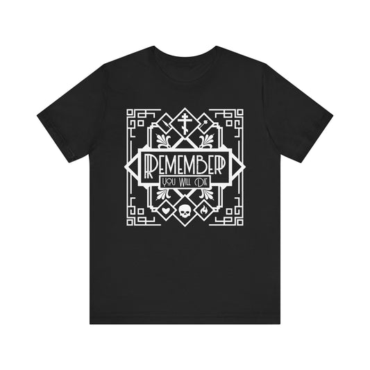 Remember You Will Die Art Deco Design | Black and White Line Art | Skull Heart Fire | Memento Mori | Lightweight Cotton Unisex T-Shirt