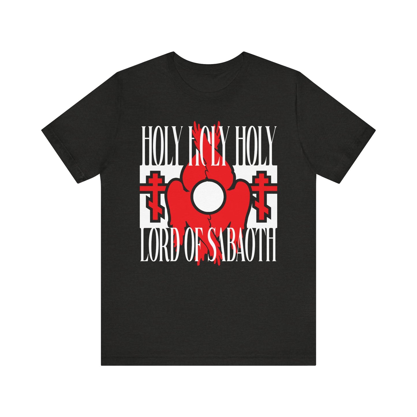 Black Heather unisex tee featuring red seraphim wings, Orthodox crosses, and "Holy Holy Holy Lord of Sabaoth (Isaiah 6:3)" in a celestial-inspired Christian graphic. Lightweight cotton; ideal for divine liturgy wear.