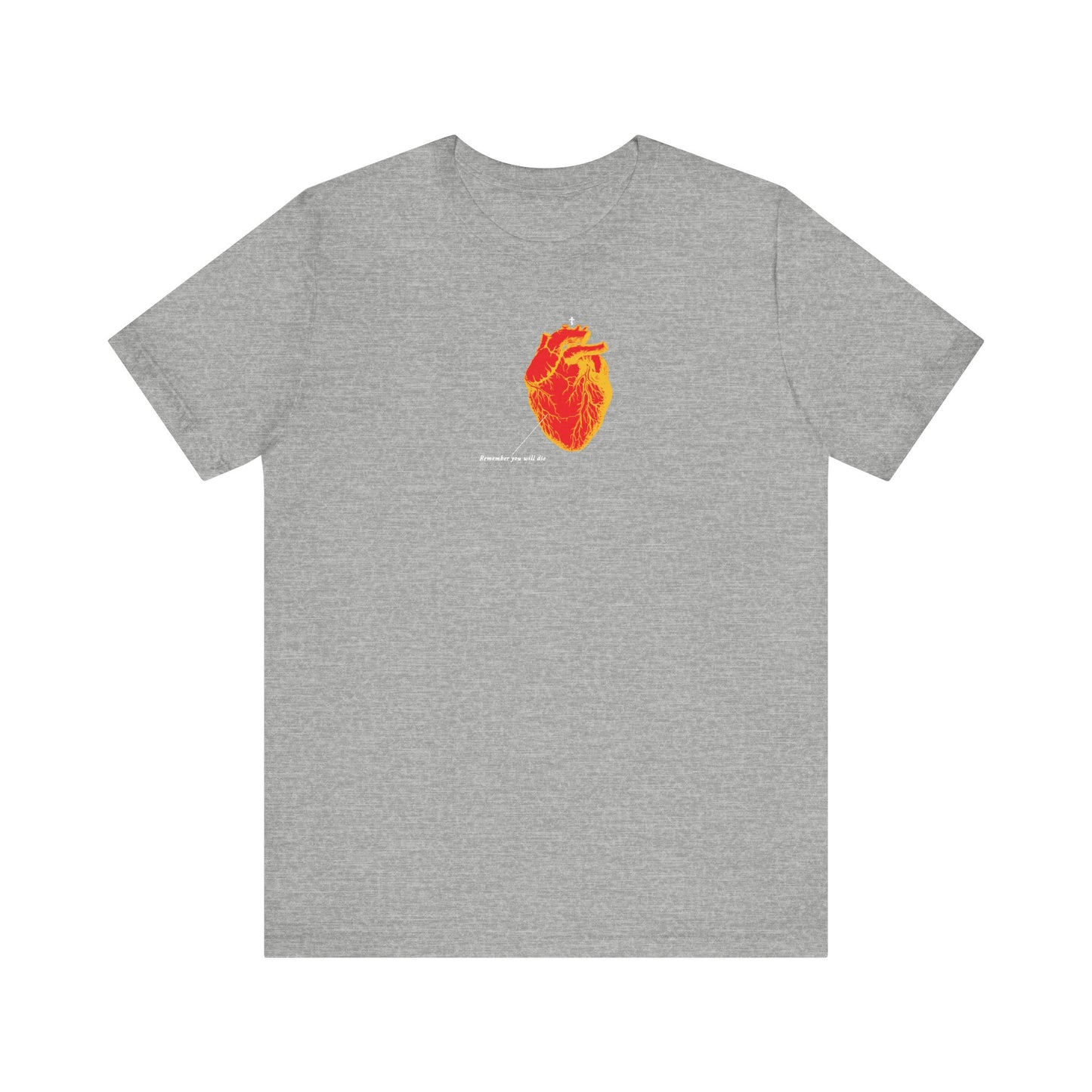 Athletic Heather tee with a red and orange antique medical heart design on the chest, "Memento Mori" motif, inspired by Christian themes; lightweight unisex cotton.