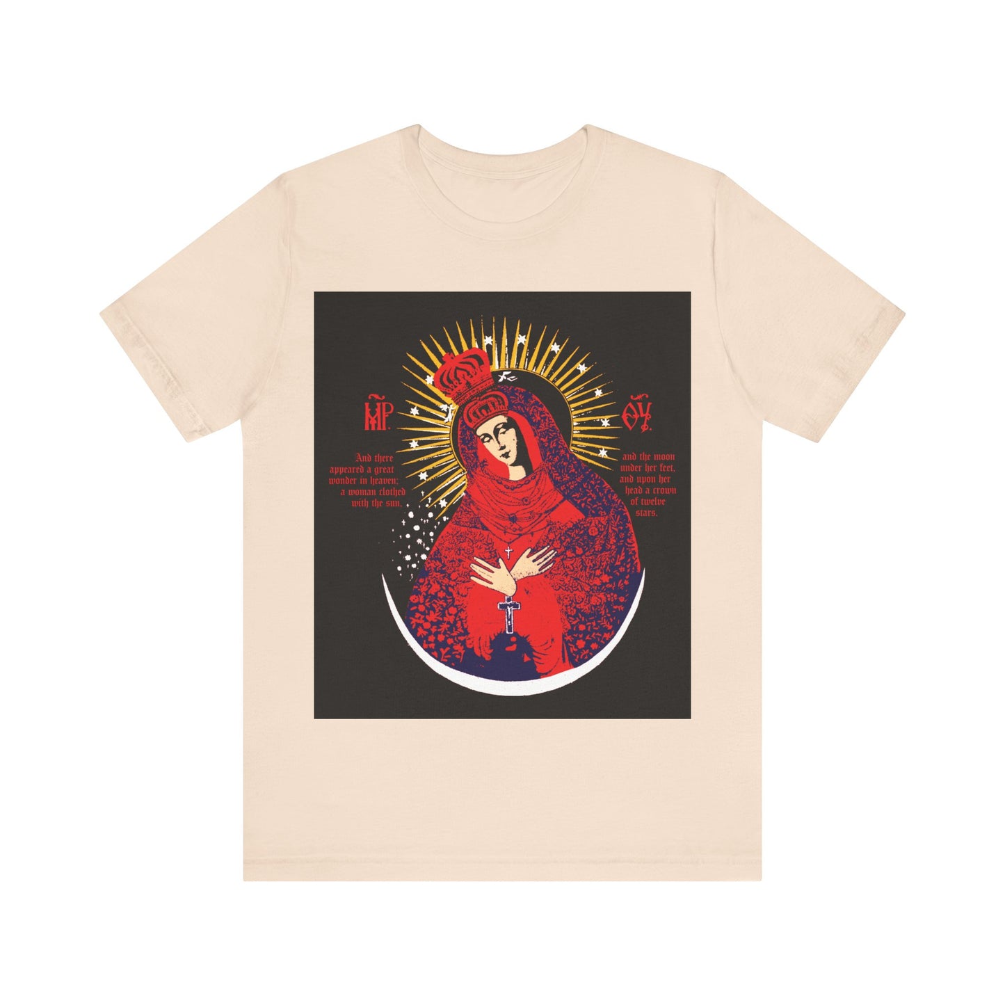 Soft cream cotton t-shirt featuring the "Our Lady the Gate of Dawn Icono-Graphic" with crowned Theotokos in red, blue & gold—a graphic tribute to the Vilnius icon and Orthodox tradition.