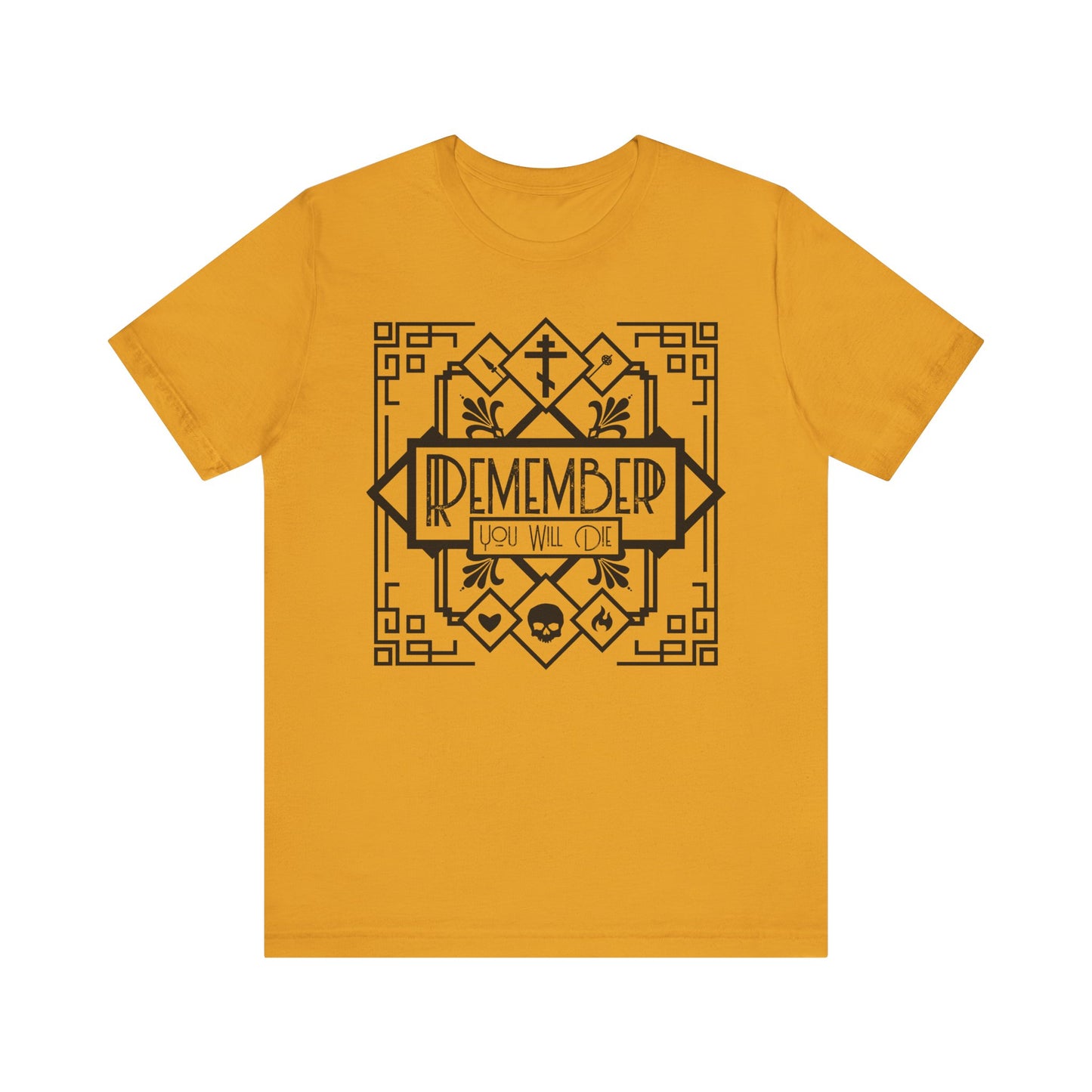 Mustard unisex t-shirt featuring black and white Art Deco line art with a skull, heart, fire, and "REMEMBER YOU WILL DIE" text—memento mori design inspired by Orthodox hymns.