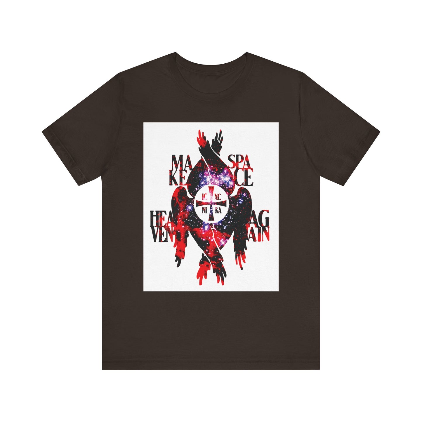Brown unisex lightweight cotton T-shirt featuring a cosmic-textured ICXC NIKA cross and seraphim wings, with the words "MAKE SPACE HEAVEN AGAIN" on the front—a celestial tribute to Orthodox Christian themes of creation and angelic presence.