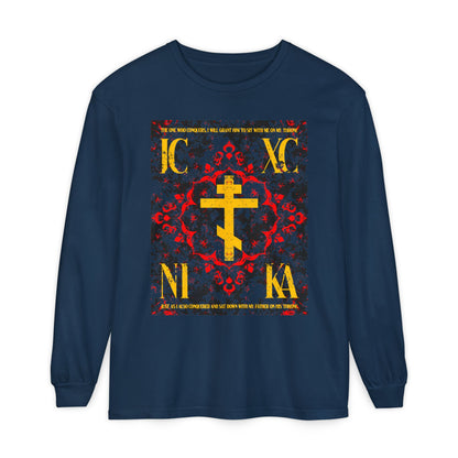 IC XC NIKA Orthodox Cross | Medieval Floral Design | The One Who Conquers (Revelation 3:21) | Orthodox Christian Long Sleeve Shirt