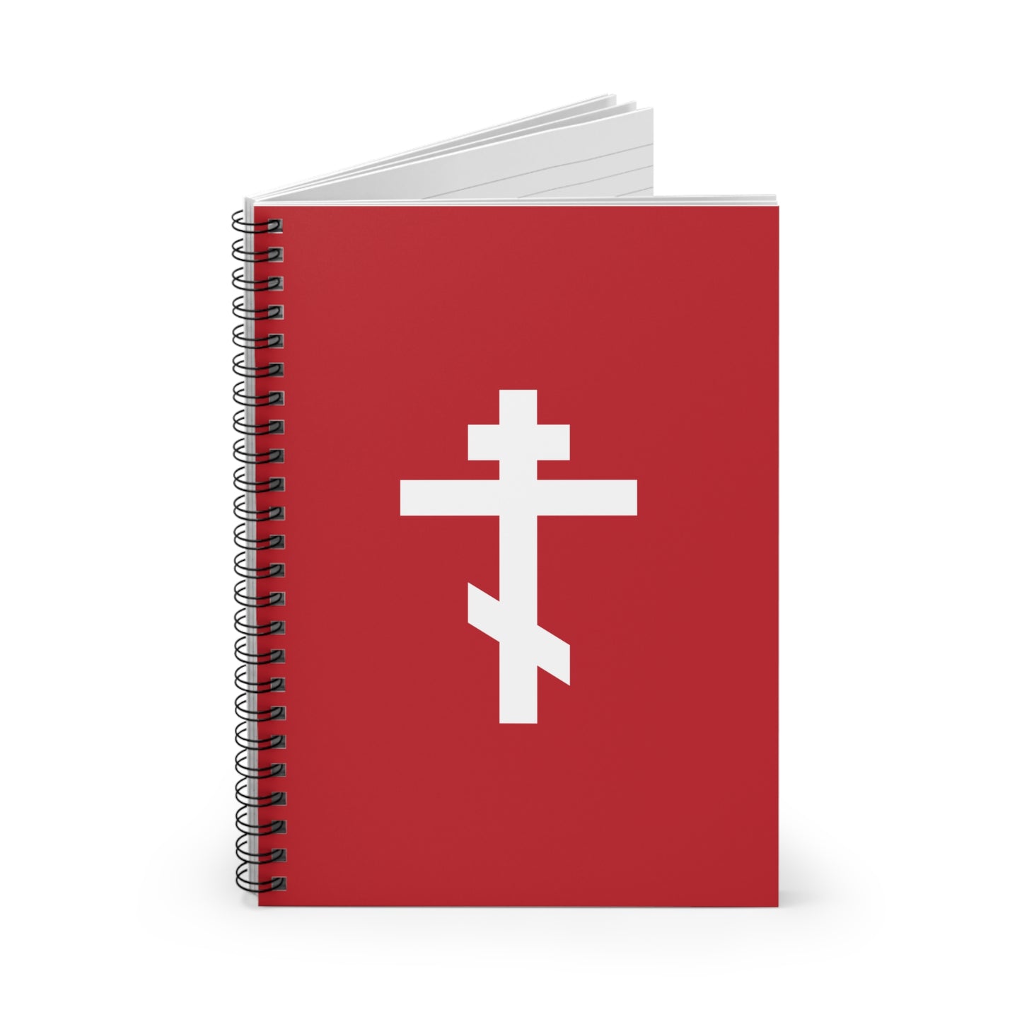 White Orthodox Cross Red Background | May it never be that I would boast except in the cross of our Lord | Christian Spiral Notebook