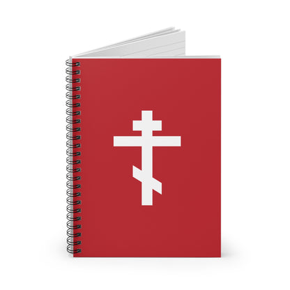 White Orthodox Cross Red Background | May it never be that I would boast except in the cross of our Lord | Christian Spiral Notebook