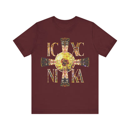 ICXC NIKA Celtic Style Equal Armed Cross | Bright Solar Texture | Orthodox Christian T-Shirt