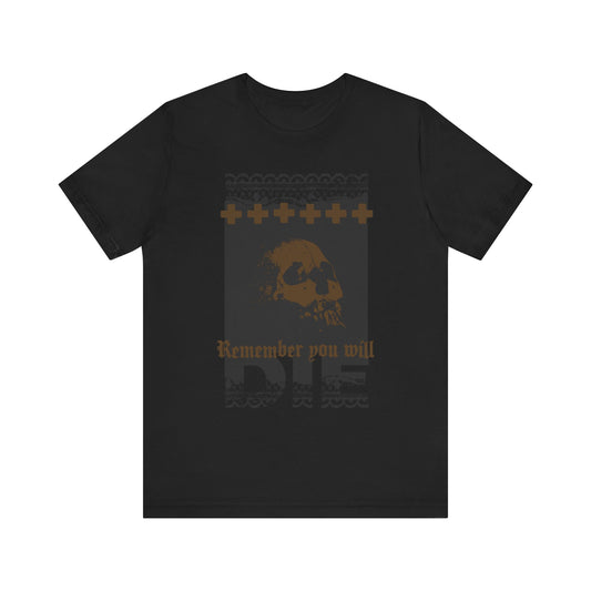 Black & Bronze Remember You Will Die | Skull and Lace Fringes with Small Crosses | Orthodox Lightweight Cotton Unisex Tee