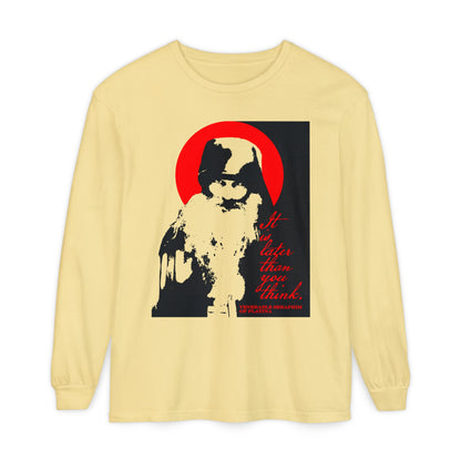 Remembrance of Death "It's Later Than You Think" long-sleeve features a stylized black-and-white image of Fr Seraphim Rose with a red circle and text, inspired by modern Orthodox spirituality and memento mori themes.