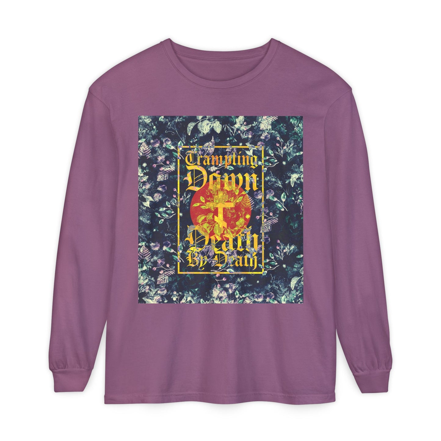 Trampling Down Death By Death | Paschal Floral Design with Gothic Script and Three-Bar Cross | Orthodox Christian Long Sleeve Shirt