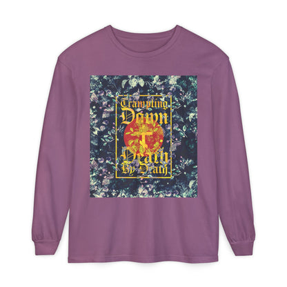 Trampling Down Death By Death | Paschal Floral Design with Gothic Script and Three-Bar Cross | Orthodox Christian Long Sleeve Shirt