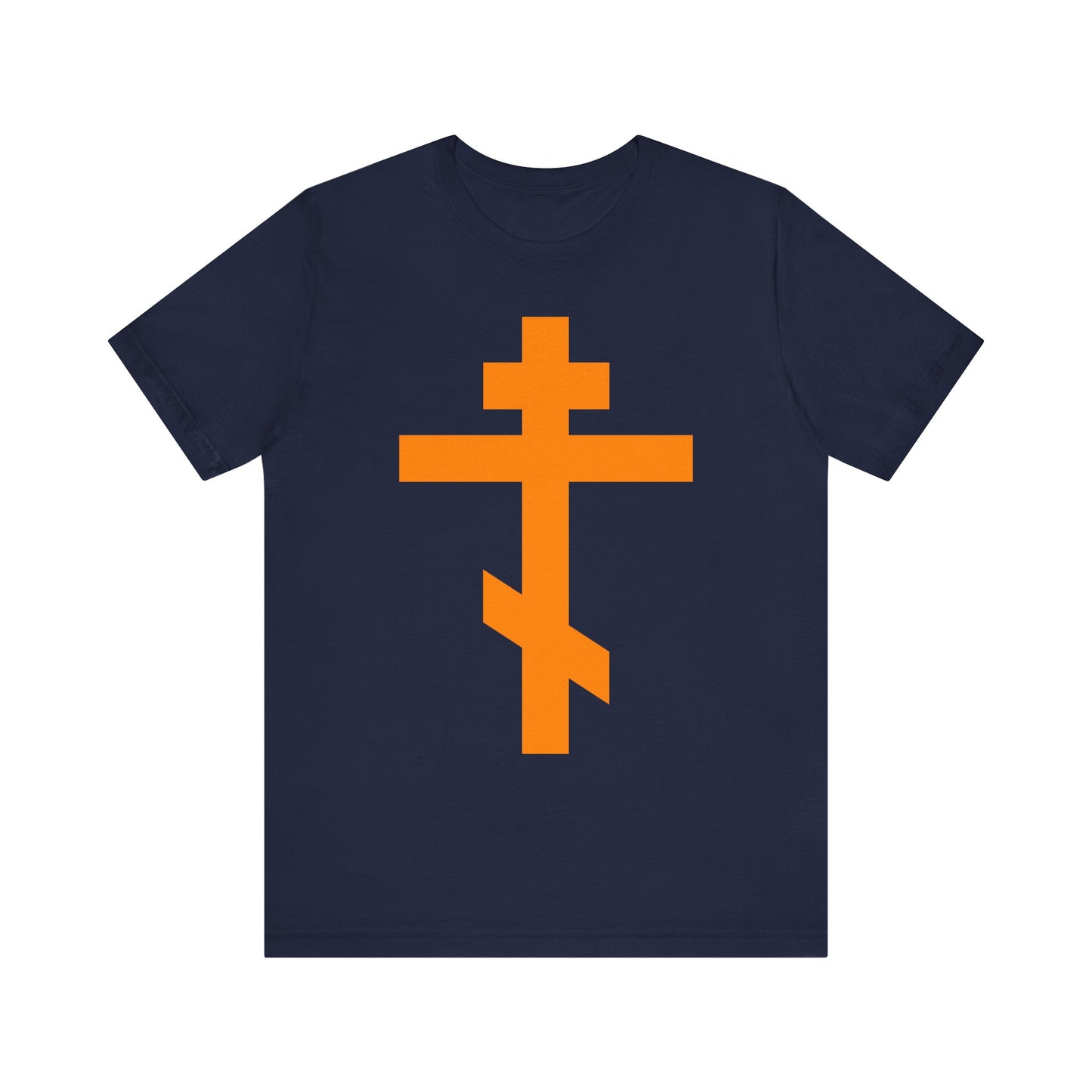 Navy "Orange Orthodox Tribar Cross | Preserve Thy People By Thy Cross, O Lord | Christ is King" lightweight unisex cotton tee featuring a large orange Orthodox tribar cross design inspired by the Troparion of the Cross.