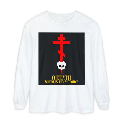O Death Where is Thy Victory? (1 Corinthians 15:55) | Cross Stabbing Skull | Yellow Text | Orthodox Christian Long Sleeve Shirt