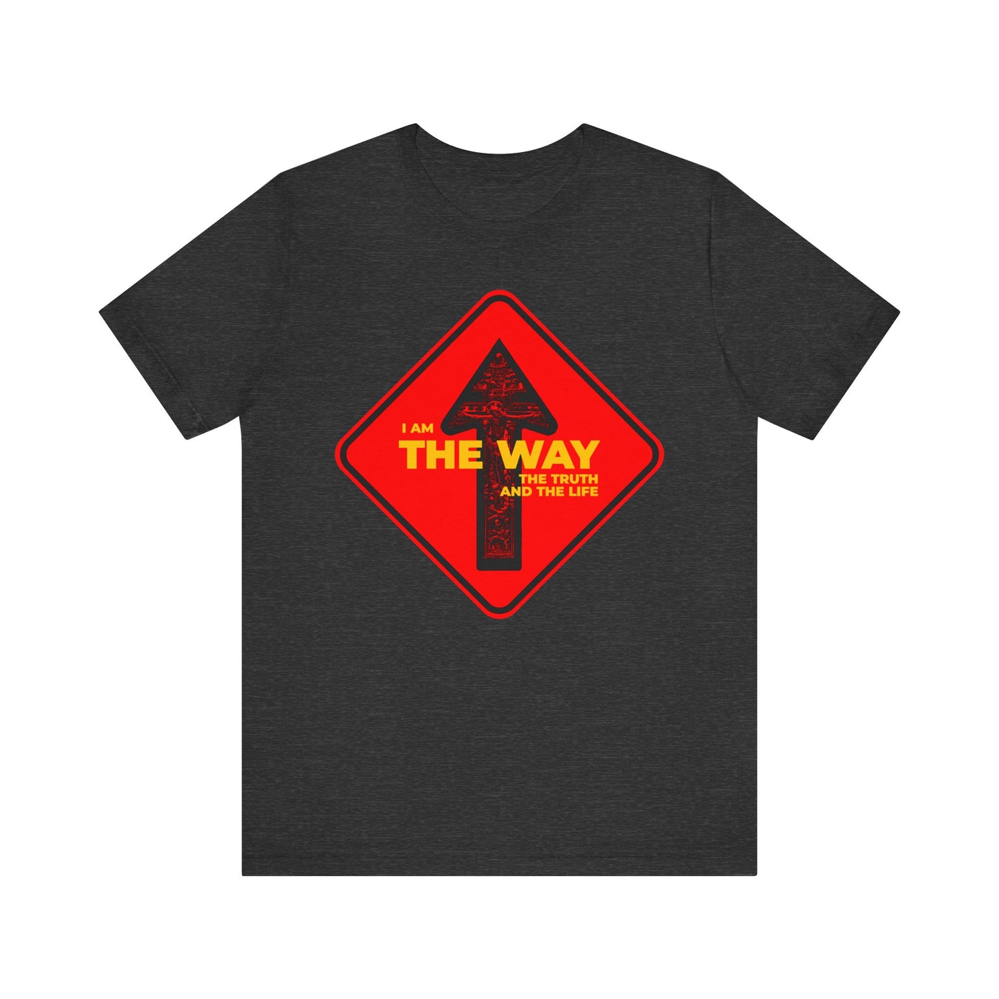 This Dark Grey Heather unisex tee features a street sign arrow and crucifix design with “I Am the Way, the Truth and the Life”—a lightweight Orthodox Christian shirt perfect for sharing your faith.