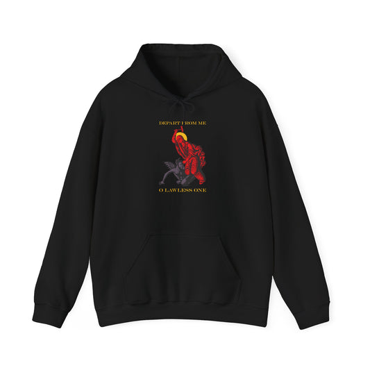 Black "St Marina IconoGraphic (Depart from Me O Lawless One)" Orthodox Christian hoodie featuring a central design inspired by the Life of the Great Martyr Marina, showing the saint beating the devil with a hammer, with red and yellow accents and the text "DEPART FROM ME O LAWLESS ONE" displayed above and below the image.