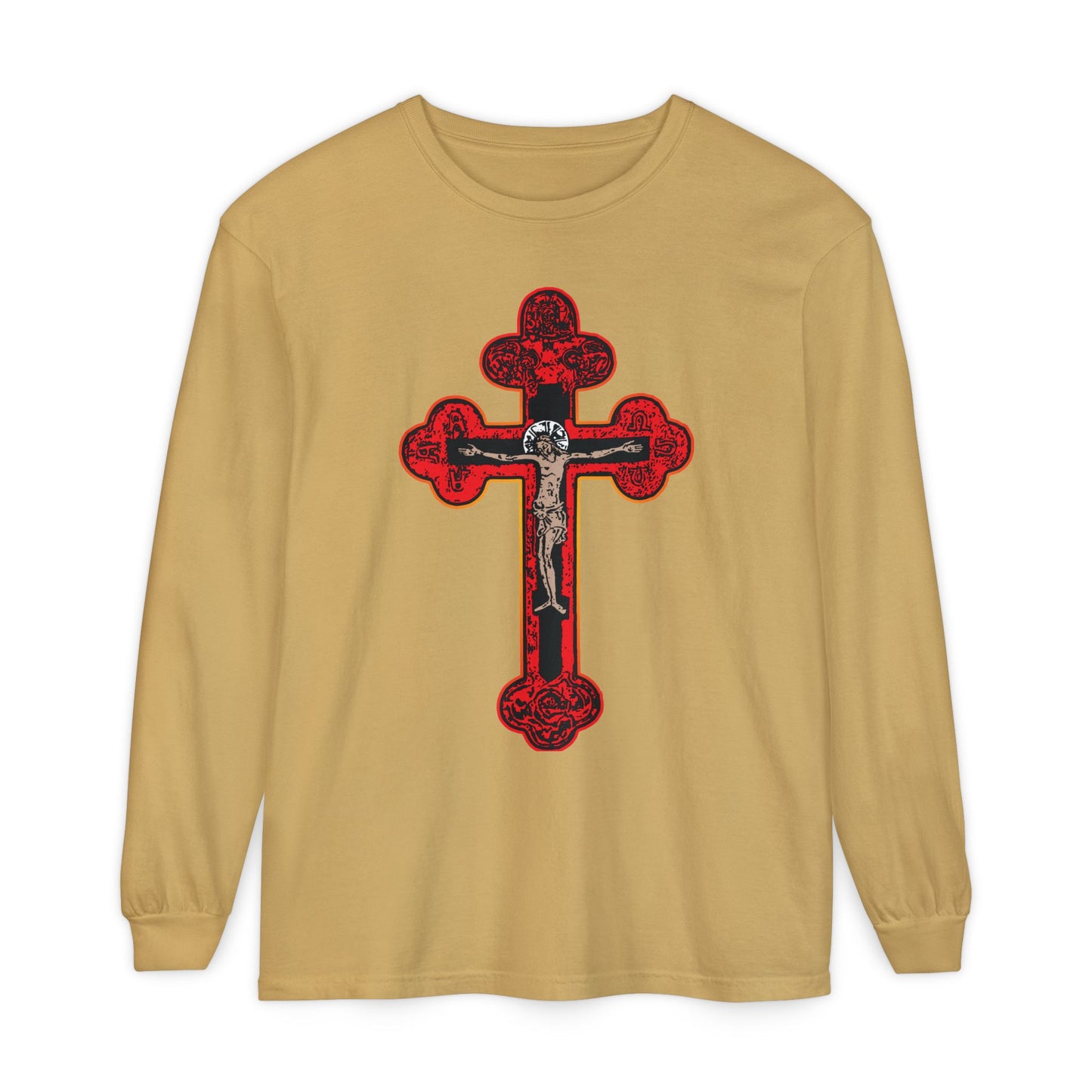 Mustard long-sleeve cotton shirt featuring a large red Byzantine Orthodox Golgotha Crucifix with Alpha & Omega, and "I Am Crucified With Christ" on the front.