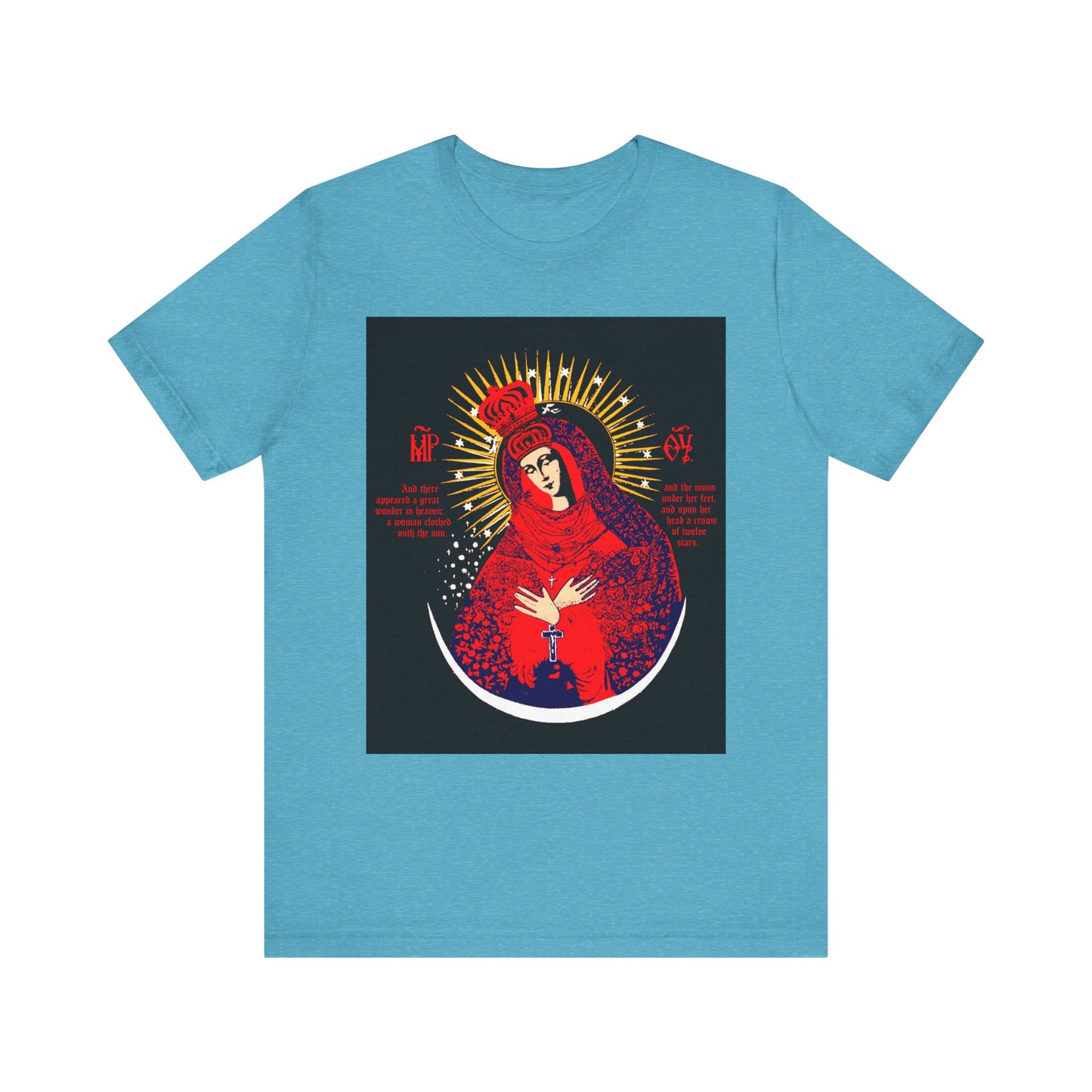 Heather Aqua lightweight cotton unisex t-shirt featuring a vibrant graphic of the Our Lady the Gate of Dawn—Theotokos Crowned, Woman of the Apocalypse—in red and gold, holding a white dove.