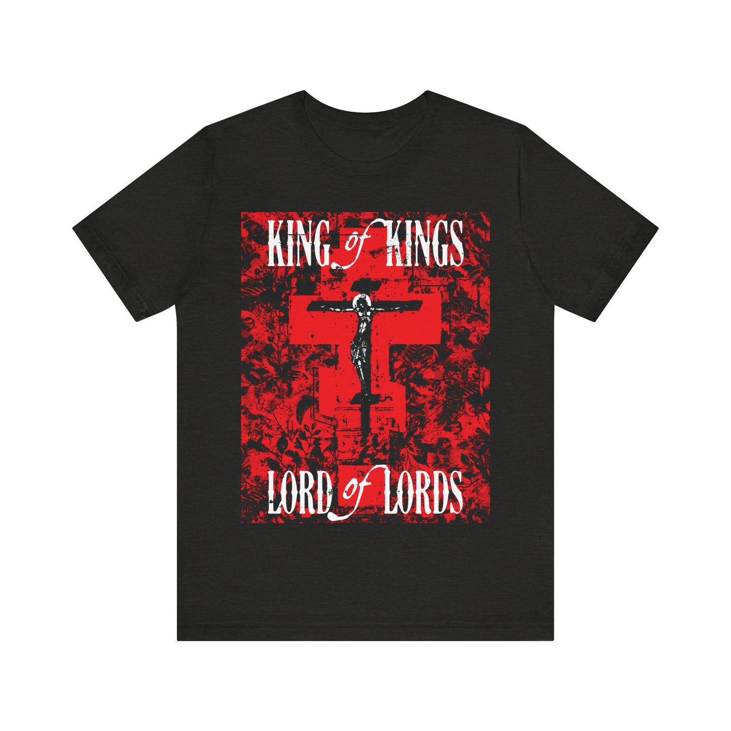 King of Kings, Lord of Lords | Christ Crucified Icono-Graphic | Red Cross Nature Texture w/ White Text | Christian Cotton T-Shirt