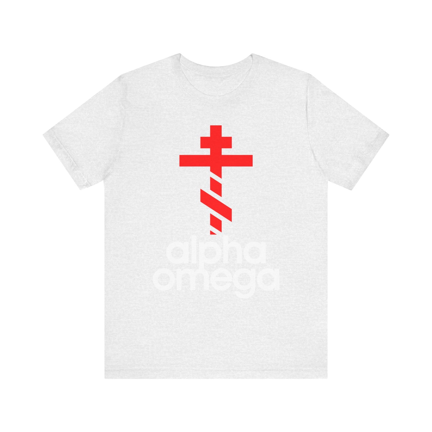 Ash-colored unisex tee featuring a large red Orthodox cross and diagonal stripe above "alpha omega" in white, inspired by minimalist Adidas style—an ode to Christian faith, prayer, and repentance.
