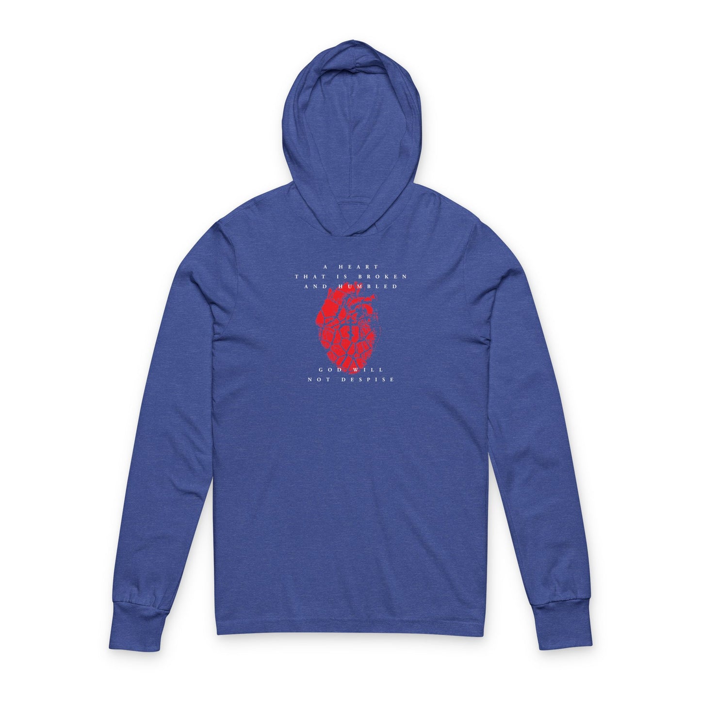 Heather True Royal Christian hooded long sleeve shirt with cracked heart and Orthodox cross graphic, inspired by Psalm 51: "A heart that is broken and humbled God will not despise." Cotton blend.