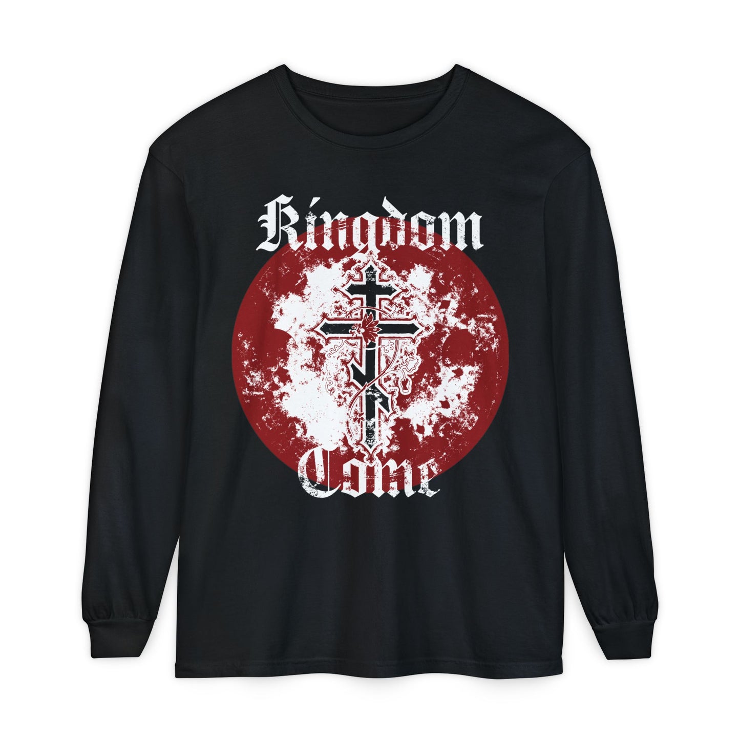 Kingdom Come | Lord's Prayer | Orthodox Cross with Vine | Textured Gothic Font | Orthodox Long Sleeve Cotton Shirt