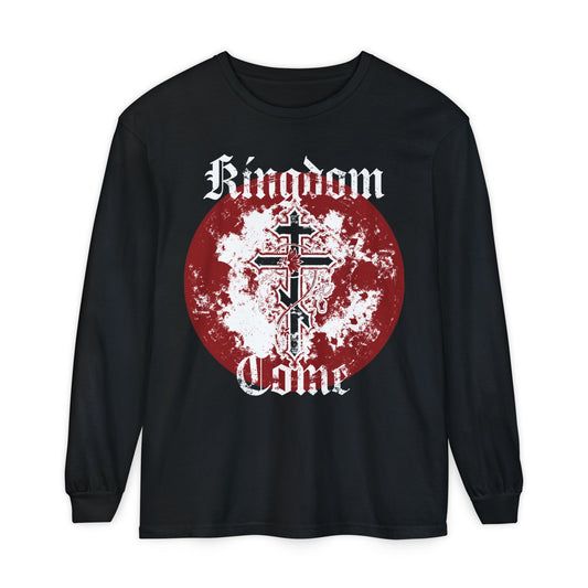 Kingdom Come | Lord's Prayer | Orthodox Cross with Vine | Textured Gothic Font | Orthodox Long Sleeve Cotton Shirt
