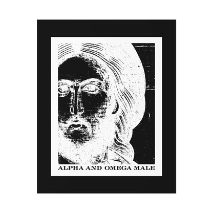 Striking black-and-white image of Jesus titled "Alpha & Omega Male" with text “I am the Beginning & the End (Rev 22),” featured on an Orthodox Christian art poster.