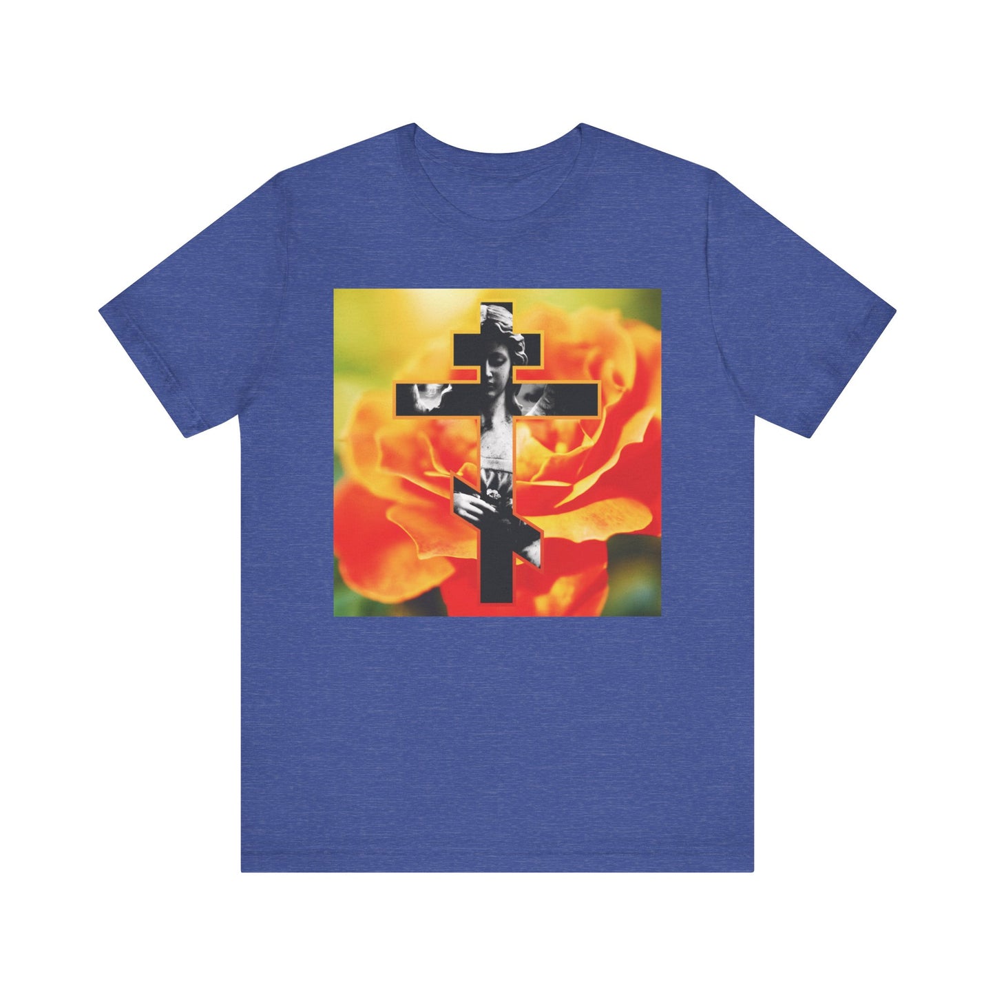 Heather True Royal tee featuring a cemetery statue angel cross atop an orange rose, reminding "Remember You Will Die"—a Memento Mori Orthodox Christian design. Lightweight cotton unisex fit.